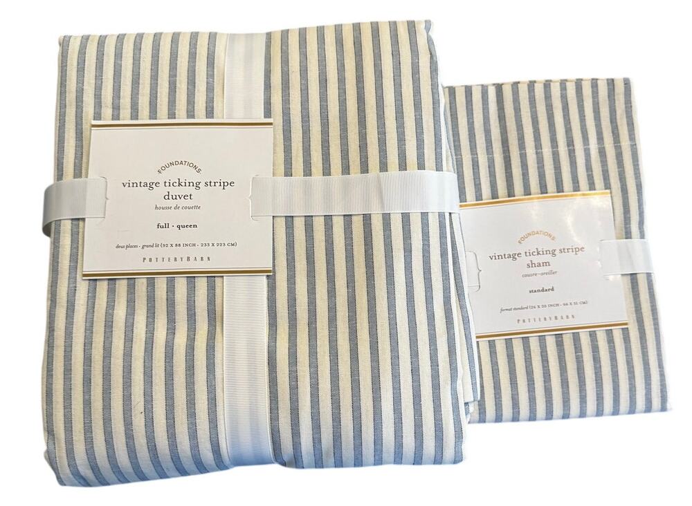 Pottery Barn Vintage Ticking Stripe Duvet Cover Full/Queen + Sham Linen Blue NWT